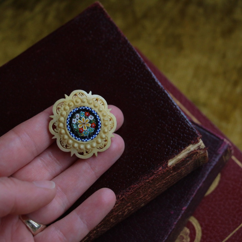 Rare Vintage Micro Mosaic Carved Bone Brooch